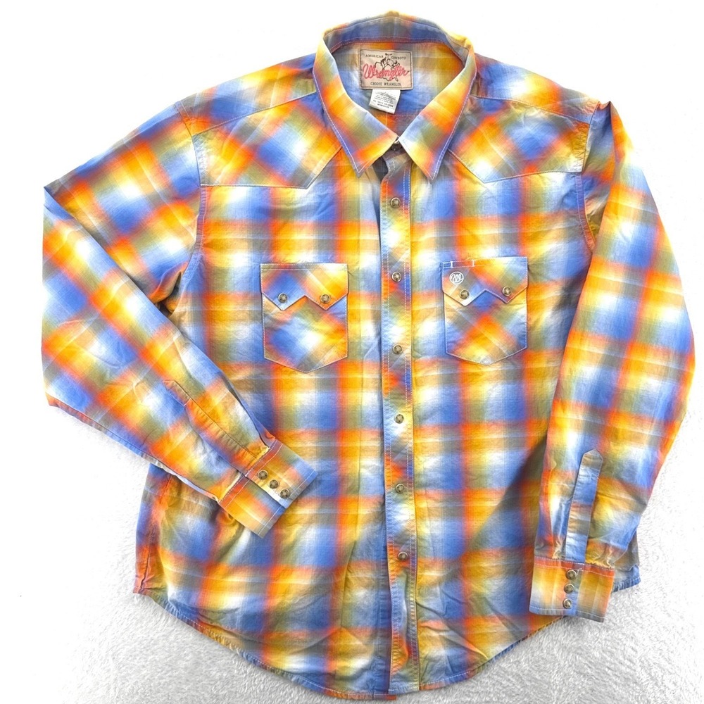 Wrangler Mens Ombre Western Snap Shirt XL Multi Color Plaid Pearl Snap Rodeo FUN